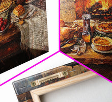 Load image into Gallery viewer, Cozy Thanksgiving Feast by Fireplace Framed Canvas Print Seasonal Wall Art, Rustic Fall Decor, Harvest Celebration Art Print for Home
