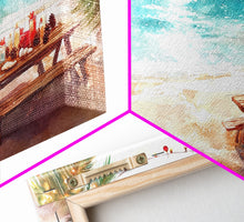 Load image into Gallery viewer, Beach Christmas decor picnic setup with palm trees and lights, framed canvas print showcasing tropical coastal holiday art decor
