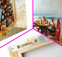 Cargar imagen en el visor de la galería, Christmas family picnic by the beach with surfboards and tree, framed canvas print tropical coastal holiday beach Christmas decor
