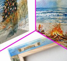 Cargar imagen en el visor de la galería, Christmas bonfire on the beach with surfboards and decorated tree, framed canvas print ideal tropical holiday wall art decor
