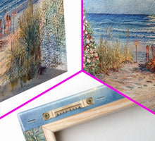 Carregar imagem no visualizador da galeria, Beach Christmas family gathering by the ocean and bonfire, framed canvas print featuring tropical holiday decor wall art
