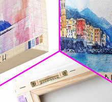 Carregar imagem no visualizador da galeria, Camogli Beach, Italy Watercolor Beach Print, Vacation Gift, Italy Wall Art, Framed Canvas Print, Framed Beach Painting
