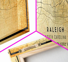 Load image into Gallery viewer, Panoramic Raleigh North Carolina map print poster or framed canvas, Raleigh map print poster canvas, city map Canvas print, Travel Art
