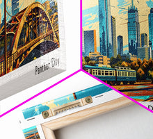 Load image into Gallery viewer, Forth Worth Texas Panoramic Painting Framed Canvas Print, Mid Century Modern Art, Pop Art Style, Travel Poster, Living Room Decor
