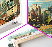 Load image into Gallery viewer, Detroit Michigan Panoramic Wall Art, Mid Century Modern Framed Canvas Print, Retro Pop Art Travel Poster, Office Art, Living Room Decor
