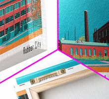 Carregar imagem no visualizador da galeria, Akron Ohio Panoramic Painting, Mid Century Modern Framed Canvas Print, Retro Pop Art Travel Poster, Living Room Wall Art Decor, City Art
