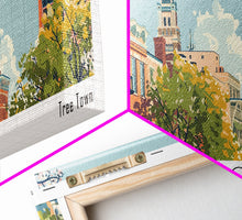 Carregar imagem no visualizador da galeria, Ann Arbor Michigan Panoramic Painting, Mid Century Modern Framed Canvas Print, Retro Pop Art Travel Poster, Living Room Wall Art Decor, City Print
