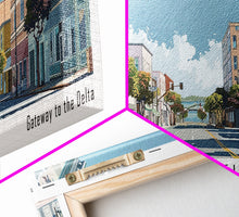 Carregar imagem no visualizador da galeria, Antioch California Panoramic Painting, Mid Century Modern Framed Canvas Print, Retro Pop Art Travel Poster, Home Decor, City Art

