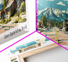 Carregar imagem no visualizador da galeria, Arvada Colorado Panoramic Painting, Mid Century Modern Framed Canvas Print, Retro Pop Art Travel Poster, Living Room Wall Art, City Print
