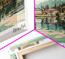 Cargar imagen en el visor de la galería, Bellevue Washington Panoramic Painting, Mid Century Modern Framed Canvas Print, Retro Pop Art Travel Poster, Office Wall Art, City Print
