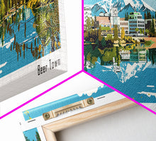 Load image into Gallery viewer, Bend Oregon Panoramic Painting, Mid Century Modern Framed Canvas Print, Retro Pop Art Travel Poster, City Wall Art Decor, Office Art

