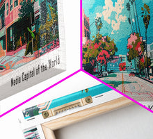 Carregar imagem no visualizador da galeria, Burbank California Panoramic Painting, Mid Century Modern Framed Canvas Print, Retro Pop Art Travel Poster, Living Room Wall Art, City Art
