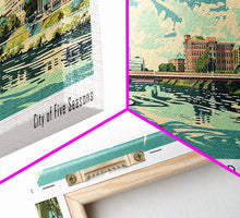 Cargar imagen en el visor de la galería, Cedar Rapids Iowa Panoramic Painting, Mid Century Modern Framed Canvas Print, Retro Pop Art Travel Poster, Living Room Wall Art Decor, City Print
