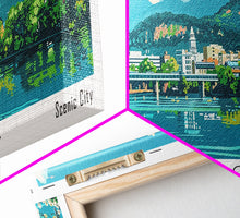 Cargar imagen en el visor de la galería, Chattanooga Tennessee Panoramic Painting, Mid Century Modern Framed Canvas Print, Retro Pop Art Travel Poster, Home Decor, City Print
