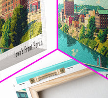 Load image into Gallery viewer, Davenport Iowa Panoramic Wall Art, Mid Century Modern Framed Canvas Print, Retro Pop Art Travel Poster, City Art Gift, Home Decor
