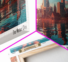 Load image into Gallery viewer, Detroit Michigan Panoramic Painting, Mid Century Modern Framed Canvas Print, Retro Pop Art Travel Poster, City Wall Decor, Home Art
