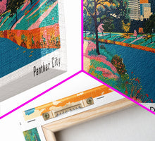 Load image into Gallery viewer, Fort Worth Texas Panoramic Painting, Mid Century Modern Framed Canvas Print, Retro Pop Art Travel Poster, Office Wall Decor
