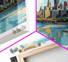 Cargar imagen en el visor de la galería, Pittsburgh Pennsylvania Panoramic Wall Art, Mid Century Modern Framed Canvas Print, Retro Pop Art Travel Poster, City Art, Office Wall Decor, Living Room Art
