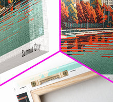 Carregar imagem no visualizador da galeria, Akron Ohio Panoramic Painting, Framed Canvas Print, Mid Century Modern Wall Art, Retro Pop Art Travel Poster, Living Room Decor, City Art
