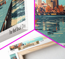 Load image into Gallery viewer, Baton Rouge Louisiana Panoramic Painting, Framed Canvas Print, Mid Century Modern Wall Art, Retro Pop Art Travel Poster, Living Room Decor, City Art
