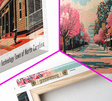 Cargar imagen en el visor de la galería, Cary North Carolina Panoramic Painting, Framed Canvas Print, Mid Century Modern Wall Art, Retro Pop Art Travel Poster, Office Decor, City Art
