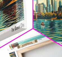 Cargar imagen en el visor de la galería, Charlotte North Carolina Panoramic Painting, Framed Canvas Print, Mid Century Modern Wall Art, Retro Pop Art Travel Poster, Living Room Decor, City Art
