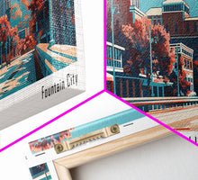 Cargar imagen en el visor de la galería, Columbus Georgia Panoramic Painting, Framed Canvas Print, Mid Century Modern Wall Art, Retro Pop Art Travel Poster, Home Decor, City Art
