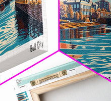 Load image into Gallery viewer, Durham North Carolina Panoramic Painting, Framed Canvas Print, Mid Century Modern Wall Art, Retro Pop Art Travel Poster, Home Decor, City Art
