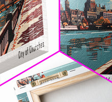 Load image into Gallery viewer, Fort Wayne Indiana Panoramic Painting, Framed Canvas Print, Mid Century Modern Wall Art, Retro Pop Art Travel Poster, Office Decor, City Art
