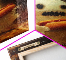 Cargar imagen en el visor de la galería, CHOMP! Cute Lil Ghost Eatin&#39; a Dog, The Hot Dog Ghost, Haunted Hot Dog Thief, Framed Canvas Print, Halloween Art
