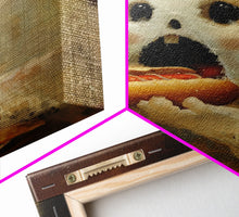 Load image into Gallery viewer, Ghostly Hot Dog Thief, Cute Lil Ghost Eatin&#39; a Dog, The Hot Dog Ghost, Haunted Hot Dog Thief, Framed Canvas Print, Halloween Art
