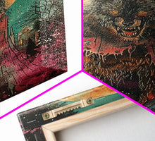 Load image into Gallery viewer, Fierce Werewolf with Blood Moon Framed Canvas Print | Halloween Monster Art | Spooky Werewolf Decor for Home | Intense Full Moon Artwork
