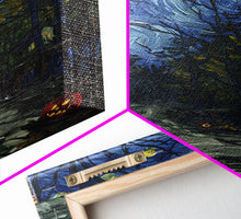 Load image into Gallery viewer, Dark Forest Path with Pumpkins Framed Canvas Print, Halloween Wall Art, Starry Night Inspired, Home Decor, Spooky Art, Living Room Decor
