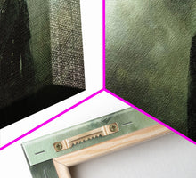 Load image into Gallery viewer, Dapper Skeleton In The Fog, Framed Canvas Print, Halloween Decor, Macabre Dark Academia Wall Art
