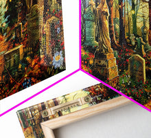 Load image into Gallery viewer, Colorful Haunted Grave Yard In The Spring Time, Framed Canvas Print, Spooky Wall Art, Halloween Spooky Season Decor
