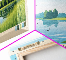 Carregar imagem no visualizador da galeria, Black Hawk Lake Iowa Framed Canvas Print, Panoramic Travel Poster, Midcentury Modern Wall Art, Pop Art, Nature Bedroom Art, Scenic Lake House Decor
