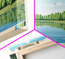 Load image into Gallery viewer, Blue Springs Lake Missouri Framed Canvas Print, Panoramic Wall Art, Midcentury Modern, Pop Art, Travel Poster, Scenic Living Room Art, Lake House Decor
