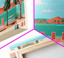 Load image into Gallery viewer, Brantley Lake New Mexico Framed Canvas Print, Midcentury Modern Panoramic Wall Art, Living Room Decor, Pop Art, Travel Poster Art, Scenic Nature Painting
