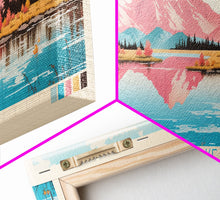 Carregar imagem no visualizador da galeria, Calling Lake Alberta Framed Canvas Print, Midcentury Modern Panoramic Wall Art, Living Room Decor, Pop Art, Travel Poster Art, Scenic Nature Painting
