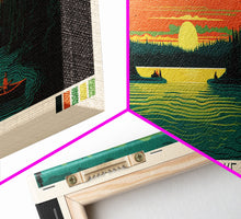 Carregar imagem no visualizador da galeria, Candle Lake Saskatchewan Framed Canvas Print, Midcentury Modern Panoramic Wall Art, Living Room Decor, Pop Art, Travel Poster Art, Scenic Nature Painting
