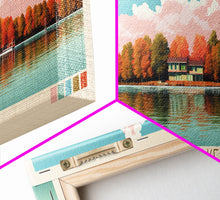 Load image into Gallery viewer, Clinton Lake Illinois Framed Canvas Print, Midcentury Modern Panoramic Wall Art, Living Room Decor, Pop Art, Travel Poster Art, Scenic Nature Painting, Lake House Decor
