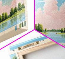 Load image into Gallery viewer, Coralville Lake Iowa Framed Canvas Print, Midcentury Modern Panoramic Wall Art, Living Room Decor, Pop Art, Travel Poster Art, Scenic Nature Painting, Lake House Decor
