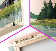 Load image into Gallery viewer, Crean Lake Saskatchewan Framed Canvas Print, Midcentury Modern Panoramic Wall Art, Living Room Decor, Pop Art, Travel Poster Art, Scenic Nature Painting, Lake House Decor
