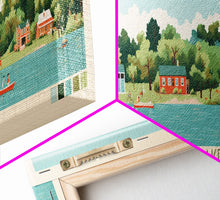 Load image into Gallery viewer, Crooked Lake Indiana Framed Canvas Print, Midcentury Modern Panoramic Wall Art, Living Room Decor, Pop Art, Travel Poster Art, Scenic Nature Painting, Lake House Decor
