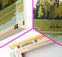 Load image into Gallery viewer, Cross Lake Louisiana Framed Canvas Print, Midcentury Modern Panoramic Wall Art, Living Room Decor, Pop Art, Travel Poster Art, Scenic Nature Painting, Lake House Decor
