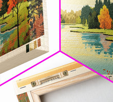 Load image into Gallery viewer, Crystal Lake Connecticut Framed Canvas Print, Pop Art Panoramic Travel Poster, Midcentury Modern, Wall Art, Scenic Nature Painting, Bedroom Decor, Living Room Art

