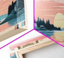 Load image into Gallery viewer, Cumberland Lake Manitoba Framed Canvas Print, Midcentury Modern Panoramic Wall Art, Living Room Decor, Pop Art, Travel Poster Art, Scenic Nature Painting
