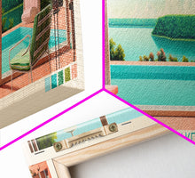 Load image into Gallery viewer, DeQueen Lake Arkansas Framed Canvas Print, Midcentury Modern Panoramic Wall Art, Living Room Decor, Pop Art, Travel Poster Art, Scenic Nature Painting
