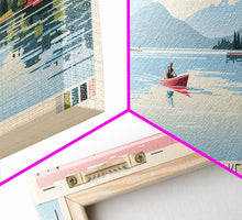 Load image into Gallery viewer, Detroit Lake Oregon Framed Canvas Print, Midcentury Modern Panoramic Wall Art, Bedroom Decor, Pop Art, Travel Poster Art, Scenic Nature Painting
