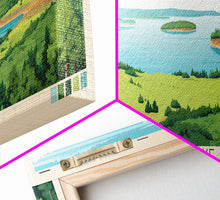 Load image into Gallery viewer, Devils Lake North Dakota Framed Canvas Print, Midcentury Modern Panoramic Wall Art, Living Room Decor, Pop Art, Travel Poster Art, Scenic Nature Painting
